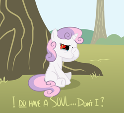 Size: 1248x1131 | Tagged: safe, artist:shadowdark3, character:sweetie belle, species:pony, species:unicorn, sweetie bot, blank flank, crying, female, filly, foal, hooves, horn, philosophy, red eyes, robot, robot pony, sad, sitting, solo, soul, text, tree