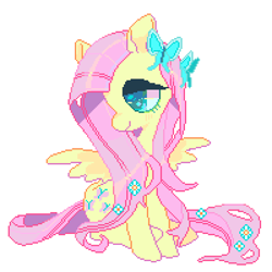 Size: 600x600 | Tagged: safe, artist:shacklefunk, character:fluttershy, species:pegasus, species:pony, butterfly, female, flower, flower in hair, mare, pixel art, simple background, solo, white background