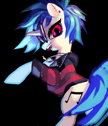 Size: 800x933 | Tagged: safe, artist:shacklefunk, character:dj pon-3, character:vinyl scratch, species:pony, species:unicorn, black background, clothing, ear piercing, earring, female, jacket, jewelry, mare, ozzy osbourne, piercing, rearing, simple background, solo