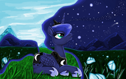 Size: 1024x642 | Tagged: safe, artist:mlpdarksparx, character:princess luna, species:alicorn, species:pony, day, female, field, flower, galaxy mane, grass, legitimately amazing mspaint, mare, ms paint, night, prone, scenery, sky, solo, speedpaint available, surreal
