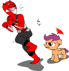 Size: 1223x1256 | Tagged: safe, artist:rinsankajugin, character:scootaloo, species:pegasus, species:pony, crossover, female, filly, go-busters, redbuster, simple background, super sentai, tokumei sentai go-busters
