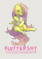 Size: 992x1403 | Tagged: safe, artist:kuang-han, character:angel bunny, character:fluttershy, species:pegasus, species:pony, eyes closed, female, holding, hug, name, pixiv, sitting, solo