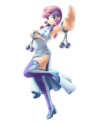 Size: 922x1229 | Tagged: safe, artist:yatonokami, character:sweetie belle, species:human, armpits, ass, boots, bracelet, clothing, commission, dress, dual wield, female, high heels, humanized, legwear, looking at you, outfit, raised leg, shoes, side slit, side view, simple background, solo, transparent background