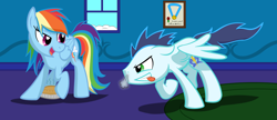 Size: 1024x441 | Tagged: safe, artist:rebron-y, character:rainbow dash, character:soarin', ship:soarindash, bedroom eyes, blep, eyes on the prize, female, floppy ears, grin, horses doing horse things, male, open mouth, pie, raised eyebrow, shipping, smiling, snorting, spread wings, straight, teasing, that pony sure does love pies, tongue out, wings