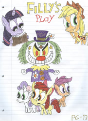 Size: 900x1244 | Tagged: safe, artist:sithvampiremaster27, character:apple bloom, character:applejack, character:scootaloo, character:sweetie belle, character:twilight sparkle, book, child's play, clown, group, lined paper, parody, wat