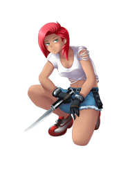 Size: 922x1229 | Tagged: safe, artist:yatonokami, character:babs seed, species:human, clothing, commission, denim shorts, female, humanized, knife, older, shorts, simple background, sneakers, solo, transparent background