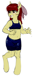 Size: 1020x2328 | Tagged: safe, artist:arcum42, artist:kevinsano edits, edit, character:apple bloom, species:anthro, species:unguligrade anthro, belly button, blushing, clothing, colored, compression shorts, female, filly, open mouth, shorts, simple background, sketch, smiling, solo, wet mane, white background