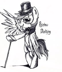 Size: 2295x2644 | Tagged: safe, artist:navigatoralligator, character:rainbow dash, bipedal leaning, cane, classy, clothing, female, grayscale, grin, hat, looking at you, monochrome, monocle, necktie, smiling, solo, spread wings, suit, top hat, wings