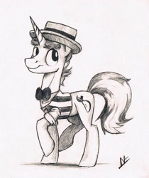 Size: 1919x2284 | Tagged: safe, artist:navigatoralligator, character:flim, cute, flimabetes, grayscale, happy, male, monochrome, raised hoof, smiling, solo