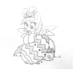 Size: 1016x960 | Tagged: safe, artist:dubstepbrony4life, character:derpy hooves, species:pegasus, species:pony, bunny ears, easter, easter egg, egg, female, grayscale, mare, monochrome, solo