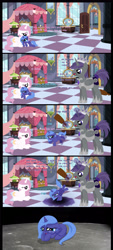Size: 2300x5100 | Tagged: safe, artist:autumn-dreamscape, character:princess celestia, character:princess luna, oc, species:pony, abuse, armor, cewestia, child abuse, comic, crying, disowned, father, filly, floppy ears, frown, glare, happy, levitation, lidded eyes, lunabuse, magic, male, missing accessory, moon, on the moon, open mouth, paddle, portal, prone, reaching, sad, scared, shivering, smiling, space, spanking, stallion, telekinesis, to the moon, woona, woonabuse, wtf