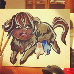 Size: 500x500 | Tagged: safe, artist:fwufee, acrylic painting, breastfeeding, crotchboobs, derp, fluffy pony, fluffy pony foals, fluffy pony mother, horses doing horse things, nonsexual nursing, nudity, nursing, suckling, traditional art