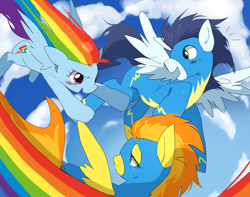 Size: 1300x1024 | Tagged: safe, artist:oniku, character:rainbow dash, character:soarin', character:spitfire, species:pegasus, species:pony, cloud, female, flying, male, mare, pixiv, sky, stallion, trail, trio, wonderbolts, wonderbolts uniform