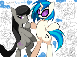 Size: 800x600 | Tagged: safe, artist:oniku, character:dj pon-3, character:octavia melody, character:vinyl scratch, species:earth pony, species:pony, species:unicorn, bipedal, duo, music notes, pixiv