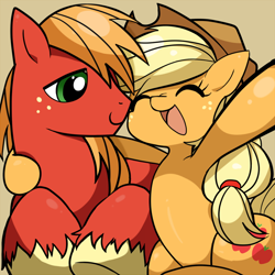 Size: 800x800 | Tagged: safe, artist:oniku, character:applejack, character:big mcintosh, species:earth pony, species:pony, ship:applemac, applecest, cute, explicit source, female, incest, jackabetes, male, pixiv, shipping, stallion, straight