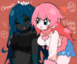 Size: 800x669 | Tagged: safe, artist:oniku, character:queen chrysalis, oc, oc:fluffle puff, my little pony:equestria girls, blushing, breasts, busty fluffle puff, busty queen chrysalis, canon x oc, chrysipuff, equestria girls-ified, explicit source, female, japanese, lesbian, pixiv, shipping, tongue out