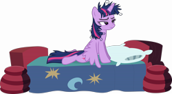 Size: 16000x8739 | Tagged: safe, artist:thorinair, character:twilight sparkle, character:twilight sparkle (alicorn), species:alicorn, species:pony, episode:inspiration manifestation, g4, my little pony: friendship is magic, absurd resolution, bed, bed hair, bed mane, female, mare, messy mane, morning ponies, pillow, simple background, solo, transparent background, vector