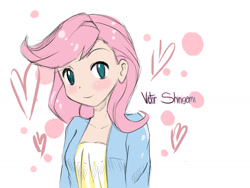 Size: 1500x1125 | Tagged: safe, artist:victorshinigami, character:fluttershy, species:human, blushing, cute, female, heart, humanized, looking at you, smiling, solo