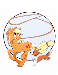 Size: 500x647 | Tagged: dead source, safe, artist:rollingrabbit, character:applejack, character:winona, species:dog, species:earth pony, species:pony, collie, duo, female, lasso, mare, mouth hold, running