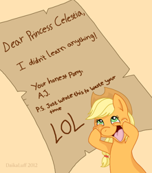 Size: 746x843 | Tagged: safe, artist:daikaluff, character:applejack, species:pony, episode:the super speedy cider squeezy 6000, g4, my little pony: friendship is magic, female, letter, silly, silly pony, solo