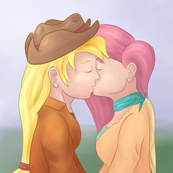Size: 2000x2000 | Tagged: safe, artist:ponyway, character:applejack, character:fluttershy, species:human, ship:appleshy, female, humanized, kissing, lesbian, shipping