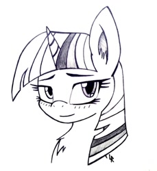 Size: 879x960 | Tagged: safe, artist:dubstepbrony4life, character:twilight sparkle, bedroom eyes, blushing, female, grayscale, monochrome, portrait, simple background, smiling, solo