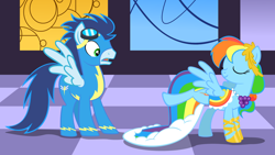 Size: 1024x576 | Tagged: safe, artist:rebron-y, character:rainbow dash, character:soarin', ship:soarindash, clothing, dress, eyes closed, female, goggles, male, presenting, raised leg, shipping, shocked, smiling, straight, surprised, vector, wingboner, wonderbolts uniform