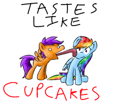 Size: 476x424 | Tagged: safe, artist:supersheep64, character:rainbow dash, character:scootaloo, fanfic:cupcakes, g4, licking, simple background, tongue out