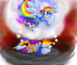 Size: 855x729 | Tagged: safe, artist:supersheep64, character:rainbow dash, character:scootaloo, g4, dream, goggles, sleeping, wonderbolts