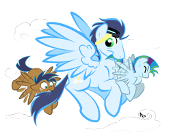 Size: 2954x2383 | Tagged: safe, artist:littletiger488, character:soarin', oc, oc:circuit, oc:eden, parent:applejack, parent:rainbow dash, parent:soarin', parents:soarindash, parents:soarinjack, species:pegasus, species:pony, g4, colt, family, father and son, flying, foal, high res, male, mouth hold, offspring, photoshop, simple background, stallion, tail bite, tail pull, transparent background, trio