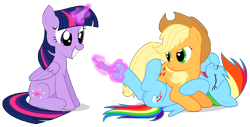 Size: 7516x3819 | Tagged: safe, artist:replaymasteroftime, character:applejack, character:rainbow dash, character:twilight sparkle, character:twilight sparkle (alicorn), species:alicorn, species:pony, female, hoof tickling, magic, mare, simple background, tickling, transparent background, vector