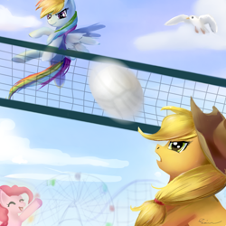Size: 800x800 | Tagged: safe, artist:incinerater, character:applejack, character:pinkie pie, character:rainbow dash, volleyball