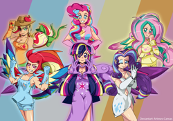 Size: 2825x1977 | Tagged: safe, artist:arteses-canvas, character:applejack, character:fluttershy, character:pinkie pie, character:rainbow dash, character:rarity, character:twilight sparkle, character:twilight sparkle (alicorn), species:alicorn, species:human, breasts, busty applejack, busty fluttershy, busty pinkie pie, busty rarity, busty twilight sparkle, cleavage, clothing, cutie mark, cutie mark on clothes, elf ears, freckles, gloves, heart hands, humanized, mane six, rainbow power, shoulder freckles, unicorns as elves, winged humanization