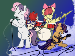 Size: 960x720 | Tagged: safe, artist:arcum42, artist:thecawofcrows, character:apple bloom, character:scootaloo, character:sweetie belle, character:twist, colored, cutie mark crusaders, drums, guitar, microphone, singing