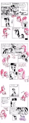 Size: 1229x5250 | Tagged: safe, artist:smellslikebeer, character:pinkie pie, character:twilight sparkle, black and white, comic, duo, grayscale, ink, monochrome, partial color, traditional art, uplifting