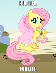 Size: 1300x1673 | Tagged: safe, artist:are-you-jealous, edit, character:fluttershy, bench, clothing, cute, female, gangsta, hoodie, hoof hold, hug life, juice box, meme, sitting, smiling, solo