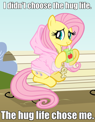 Size: 1300x1673 | Tagged: safe, artist:are-you-jealous, edit, character:fluttershy, bench, clothing, cute, female, gangsta, hoodie, hoof hold, hug life, juice box, meme, misspelling, necklace, sitting, smiling, solo