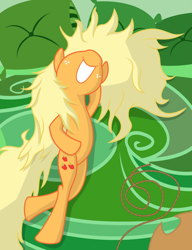 Size: 3069x4000 | Tagged: safe, artist:bednarowski, character:applejack, female, loose hair, on back, rope, smiling, solo