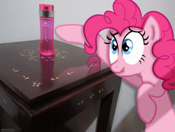 Size: 4320x3240 | Tagged: safe, artist:mrchezco1995, artist:rainbowplasma, character:pinkie pie, irl, perfume, photo, ponies in real life, reflection, scrunchy face, shadow, solo, vector