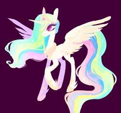 Size: 910x853 | Tagged: safe, artist:shacklefunk, character:princess celestia, species:alicorn, species:pony, female, hair over one eye, leg fluff, mare, purple background, raised hoof, simple background, solo, spread wings, wings