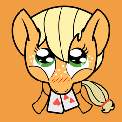 Size: 700x700 | Tagged: safe, artist:smockhobbes, character:applejack, female, looking at you, mouth hold, playing card, simple background, solo