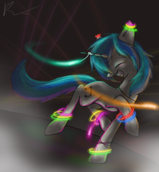 Size: 650x700 | Tagged: safe, artist:nos-talgia, character:dj pon-3, character:vinyl scratch, species:pony, species:unicorn, eyes closed, female, glowstick, mare, rave, solo