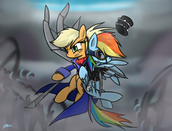 Size: 2008x1535 | Tagged: safe, artist:mrasianhappydude, character:applejack, character:rainbow dash, amputee, artificial wings, augmented, badass, blades, clothing, gears of nature, goggles, hat, hilarious in hindsight, mechanical wing, prosthetic limb, prosthetic wing, prosthetics, wings