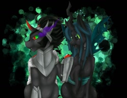 Size: 1304x1000 | Tagged: safe, artist:cnat, character:king sombra, character:queen chrysalis, ship:chrysombra, couple, female, male, shipping, straight, tsundere