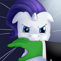 Size: 2000x2000 | Tagged: safe, artist:ponyway, character:rarity, oc, oc:anon, species:human, species:pony, species:unicorn, biting, floppy ears, hand, horses doing horse things, ouch