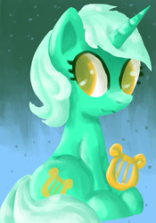 Size: 561x800 | Tagged: safe, artist:paintrolleire, character:lyra heartstrings, species:pony, species:unicorn, female, lyre, mare, musical instrument, sitting, solo