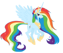Size: 1500x1260 | Tagged: safe, artist:glamourkat, character:rainbow dash, species:alicorn, species:pony, alicornified, artifact, crown, ethereal mane, female, hoof shoes, jewelry, mare, peytral, race swap, rainbowcorn, regalia, simple background, solo, spread wings, transparent background, wings