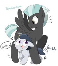 Size: 1100x1246 | Tagged: safe, artist:oniku, character:rumble, character:thunderlane, species:pegasus, species:pony, brothers, colt, cute, dialogue, male, music notes, rumblebetes, simple background, speech bubble, stallion, thunderbetes, white background