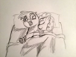 Size: 855x641 | Tagged: safe, artist:failure, character:gilda, character:pinkie pie, species:griffon, /mlp/, ship:gildapie, bed, female, lesbian, monochrome, morning after, non-consensual cuddling, pillow, regret, shipping, sketch, traditional art