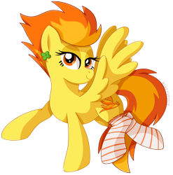 Size: 1060x1071 | Tagged: safe, artist:mintystitch, character:spitfire, species:pegasus, species:pony, clothing, clover, female, four leaf clover, looking at you, mare, pinup, socks, solo, striped socks, thigh highs